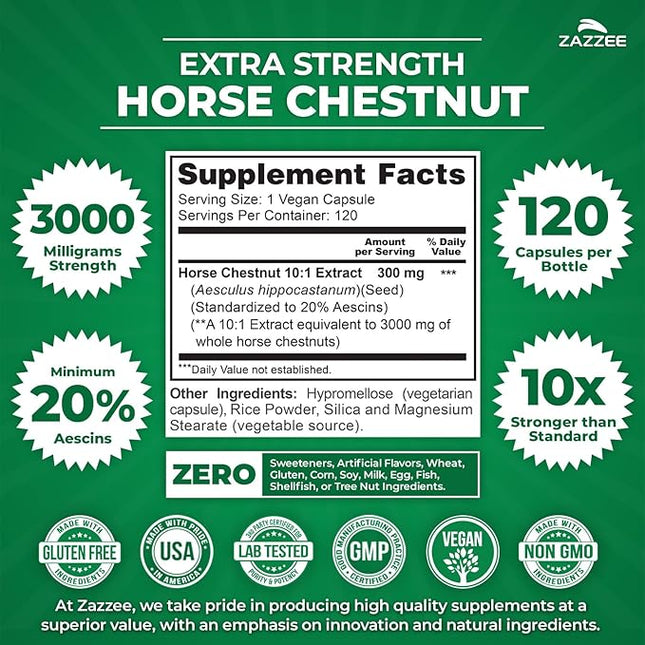 Zazzee Extra Strength Horse Chestnut 10:1 Extract, 3000 mg Strength, 20% Aescins, 4 Month Supply, 120 Vegan Capsules, Concentrated and Standardized 10X Extract, All-Natural, Non-GMO, Made in The USA