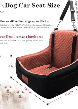 Car Dog Seat,Pet Booster Carseats for Dogs up to 25lbs,Safe and Comfy Puppy Travel Car Bed with Storage Pockets and 2 Safety Belt,Ultra Soft Fabric, Easy to Install,Fully Removable Washable.