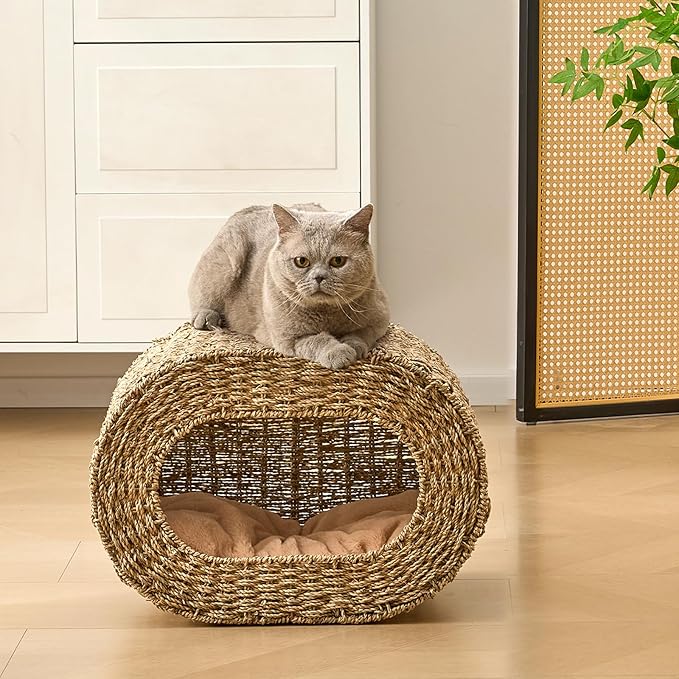 Cat House,Handwoven Cat Cave Pet Cube, Natural Cat Beds Indoor Kitten House with Double-Sided Soft Cushions, Pet Cat House for Multiple Cats, for Living Room Bedroom