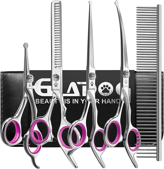 GLADOG Dog Grooming Scissors Kit with Safety Round Tips, Professional 6 in 1 Grooming Scissors for Dogs, Sharp and Heavy-duty Dog Grooming Shears for Dogs Cats Pets (Pink)