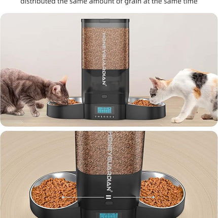 HoneyGuaridan 5L Automatic Cat Feeder for Two Cats, Cat Food Dispenser with Stainless Steel Bowl,Timed Feeder Programmable 1-6 Meals Control, Dual Power Supply,Desiccant Bag Black
