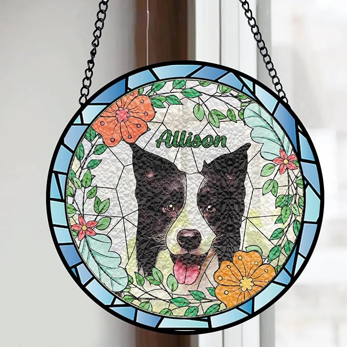 Gabita Custom Pet Portrait Stained Glass Window Hanging, Memorial Dog Portrait Art Ornaments, Dogs Ornament Christmas Tree, Dog Sympathy Gift, Pet Memorial Ornament