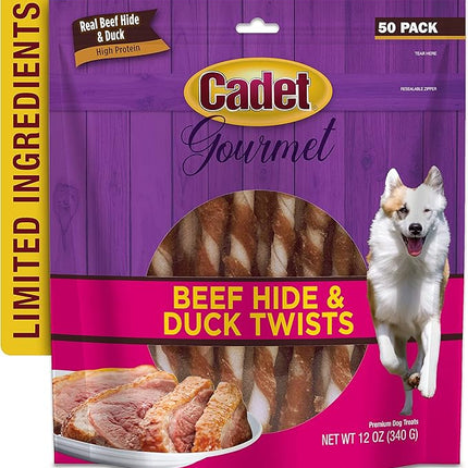 Cadet Gourmet Beef Hide Twist Chew Sticks, Long Lasting & Natural Chew Treats for Dogs, Inspected & Tested in USA, Duck Flavor (50 Count)