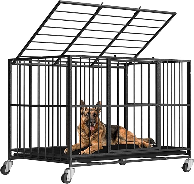 48/42/38 Inch Heavy Duty Dog Crate Steel Escape Proof, Indoor Double Door High Anxiety Cage, Removable Tray, Kennel with Wheels,XL XXL