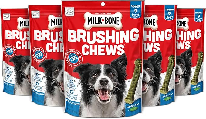 Milk-Bone Fresh Breath Brushing Chews, 9 Small/ Medium Daily Dental Dog Treats (Pack of 5) Scrubbing Action Helps Clean Teeth