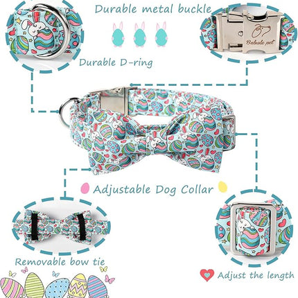 Easter Dog Collar with Bow Tie, Easter Eggs Bowtie Dog Collar with Safety Metal Buckle, Cute Boy Girl Dog Easter Bunny Collar for Medium Large Dogs, L