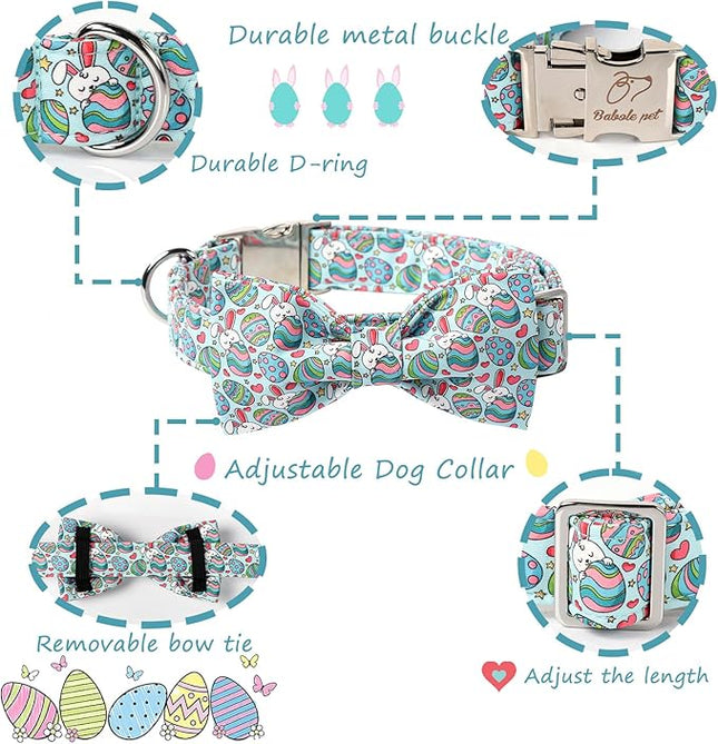 Easter Dog Collar with Bow Tie, Easter Eggs Bowtie Dog Collar with Safety Metal Buckle, Cute Boy Girl Dog Easter Bunny Collar for Puppy Small Dogs, XS