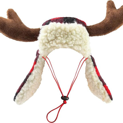 Huxley & Kent Pet Hat | Antler Buffalo Check (Large) | Festive Christmas Holiday Accessory for Dogs/Cats | Holiday Pet Hat | SnugFit Sliding Toggles for Best Fit