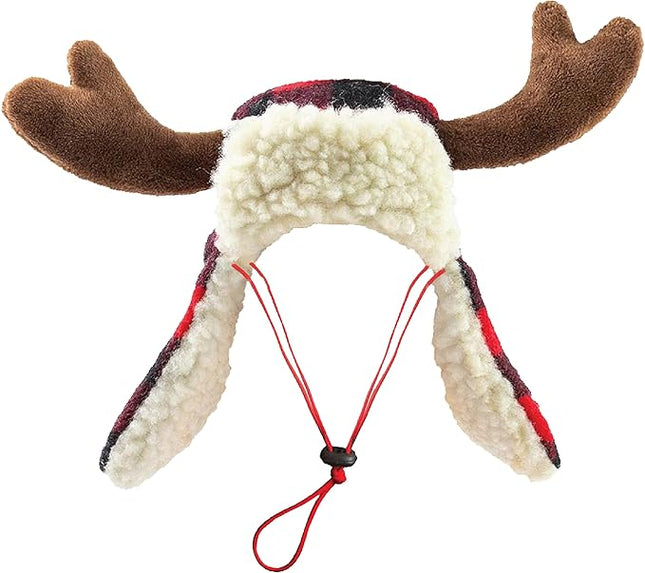 Huxley & Kent Pet Hat | Antler Buffalo Check (Large) | Festive Christmas Holiday Accessory for Dogs/Cats | Holiday Pet Hat | SnugFit Sliding Toggles for Best Fit