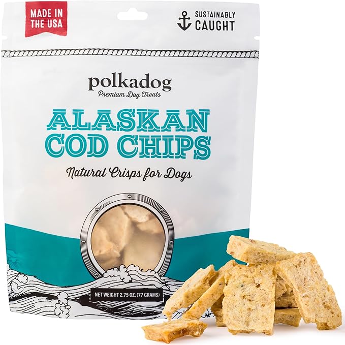 Polkadog Crunchy Alaskan Cod Chips – Single Ingredient Dog Treats, 100% Wild-Caught Cod from Alaska – High-Protein, Omega-3 Rich, Grain-Free, All Natural Snacks – Handcrafted in USA - 2.75 oz