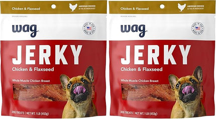 Amazon Brand – Wag Chewy Whole Muscle American Jerky Dog Treats – Chicken & Flaxseed (1 lb), Grain Free (Pack of 2)