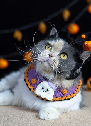 Cat Halloween Costume-Handmade Knitted Cute Ghost Bandana & Black Witch Hat for Cats and Small Sized Dogs, Festive Pet Apparel, Adjustable and Breathable Dog Costume,Also Suits Dolls