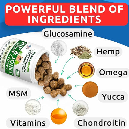 Hip & Joint Support for Dogs - Hemp Chews for Dog Joint Pain Relief with Glucosamine & Chondroitin - Joint Supplement for Large & Small Breeds - Senior Dog Mobility Treats - 120ct, Lamb Flavor