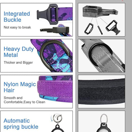 Hotsky Tactical Dog Collar, Adjustable Military Training Nylon Airtag Collar with Handle and Heavy Duty Metal Buckle for Medium Large Dogs, with Airtag Holder and Two Patches（Purple Camo,XL）