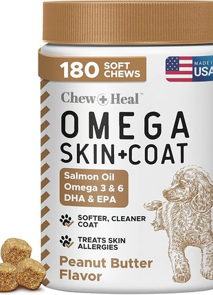Omega for Dogs - 180 Delicious Soft Chews - Salmon Oil Treats for Skin and Coat, Itch Relief - Fish Oil Blend of Essential Fatty Acids, Omega 3, 6, and 9, and Vitamins - Peanut Butter Flavor