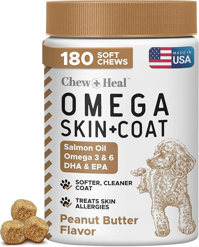 Omega for Dogs - 180 Delicious Soft Chews - Salmon Oil Treats for Skin and Coat, Itch Relief - Fish Oil Blend of Essential Fatty Acids, Omega 3, 6, and 9, and Vitamins - Peanut Butter Flavor