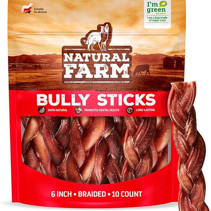 Natural Farm Odor-Free Braided Bully Sticks (6 Inch, 10 Pack) - 100% Grass-Fed Beef, Grain-Free, Low Fat & Fully Digestible Dental Treats - Safest Long Lasting Pizzle Chews to Keep Your Dog Busy