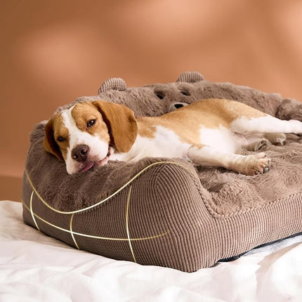 LE SURE Cute Cat Couch for Pets - Fluffy Original Bear Design for Small Dog Bed, Supportive Dog Couch with Removable Washable Cover, Puppy Bed for Small and Medium Dogs, 28inch, Brown