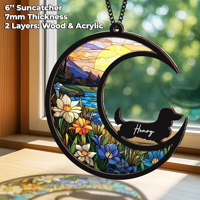 6'' Dachshund Long Hair Memorial Suncatcher, Custom Name, Pet Ornament Window Car Hanging, Sympathy Gift for Loss of Pet, Passed Away Remembrance Gift for Dog Lovers 12-SS1