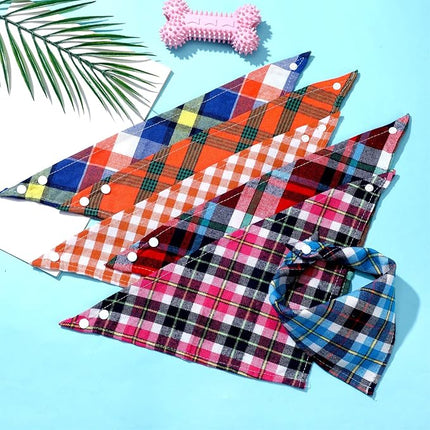 Honoson 6 Pieces Triangle Dog Bandana Dog Scarf Plaid Printing Adjustable Bibs Scarf Washable Square Kerchief Bandana Set for Small to Medium Puppy Cat(16.1 Inch,Green and Orange Button Style)
