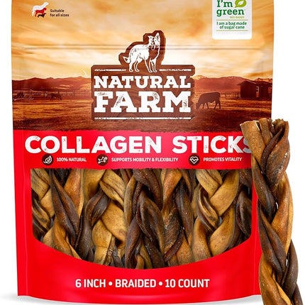Natural Farm Braided Collagen Chews for Dogs (6 Inch, 10 Pack), Collagen Sticks, Natural Dog Chews, Long Lasting, for Small, Medium and Large Dogs, Odor-Free, Rawhide Alternative