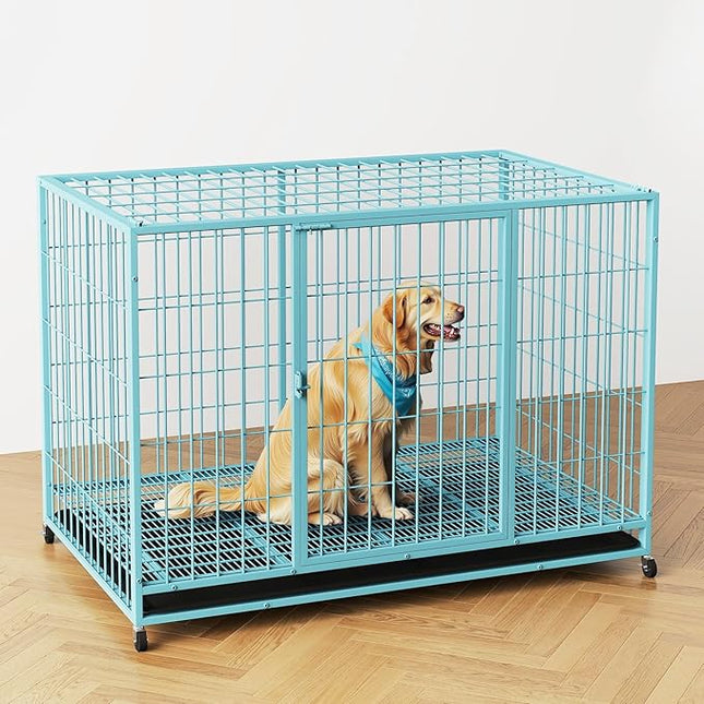 Blue 48 in Metal Wire Dog Crate for Large Dogs with Tray, Double Door, Puppy Dog Playpen for Yard Indoor Outdoor Use,XL Dog Cage Kennel