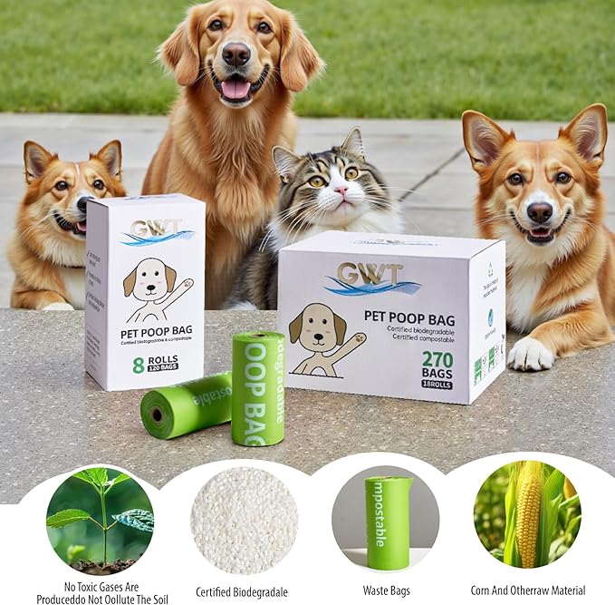 GWT Dog Poop Bags Rolls 9"x13" - Certified Home Plant Based Rolls, 120 Count Pet Waste Bags, Ideal for Outside and Backyard, Includes 8 Convenient Bags