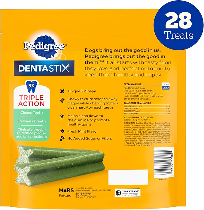 Pedigree Dentastix Large Breed Dog Treats, Fresh Flavor, 1.46 lb. Bag (28 Treats)