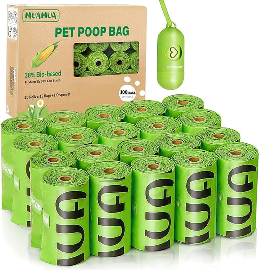 MUAMUA Biodegradable Dog Poop Bags 300 Count, 20 Rolls, Recyclable Waste with Dispenser, Large 9 x 13 Inches, Extra Thick, Leak Proof for Dogs and Cats