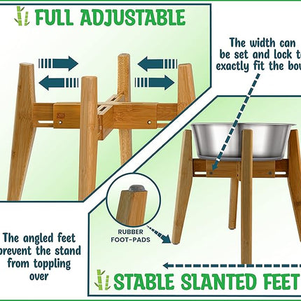 Dog Bowl Stand (12-inch High) - Ideal for Large Breeds - Adjustable Sideways, Slanted Feet - Elevates, Raises Pet Food Feeders, Water Dishes, Fountains, Dispensers - Bamboo Stand Only