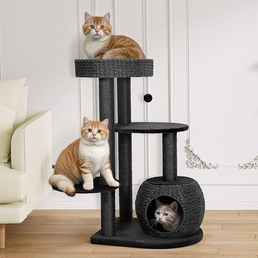 KAMABOKO Modern Cat Tree, 39" Tall Cat Tree Black for Kittens Climb Play & Rest, Cat Trees for Indoor Cats w/Natural Sisal Scratching Posts, Hand-Woven Condo & Top Perch
