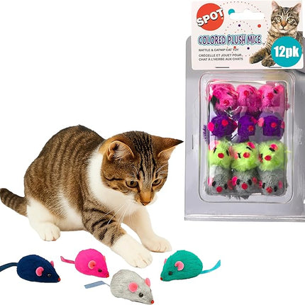SPOT Colored Plush Catnip Mice Toys – 12-Pack of 4.5-Inch Rattle Mice – Interactive Cat Toys for Indoor Cats & Kittens – Soft, Lightweight, Classic Mouse Shape – Catnip-Filled for Active Play