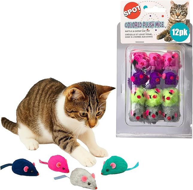 SPOT Colored Plush Catnip Mice Toys – 12-Pack of 4.5-Inch Rattle Mice – Interactive Cat Toys for Indoor Cats & Kittens – Soft, Lightweight, Classic Mouse Shape – Catnip-Filled for Active Play