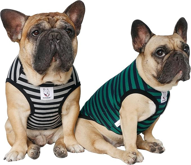iChoue 2pcs French Bulldog Striped Shirts 100% Breathable Cotton Tank Tops Vests Clothes for Frenchie Dogs, Black and Green Stripes, Medium