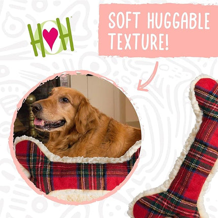 HuggleHounds Tartan Tidings Plush Bone Dog Toy - Dog Fuzzy Bone Toy, Soft Fleece, Durable, Stuffed Plush for Large Breeds, Puppies, Faux Sheepskin - 24" (1 Pack)