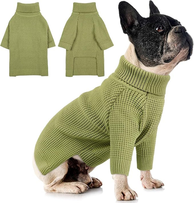 Queenmore Turtleneck Long Sleeve Knitted Sweater with Check Pattern, Fall Winter Warm Sweaters for Small to Large Dogs and Cats, Green