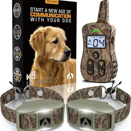 INVIROX Dog Shock Collar [Ultra K9] 124 Training Levels, 4 Powerful Modes with Night-Light and ¾ Mile Range 100% Safe Dog Training Collar for Large Dogs IP67 Waterproof (X2 Camouflage)