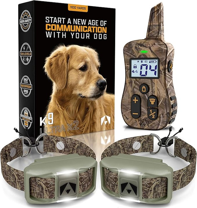 INVIROX Dog Shock Collar [Ultra K9] 124 Training Levels, 4 Powerful Modes with Night-Light and ¾ Mile Range 100% Safe Dog Training Collar for Large Dogs IP67 Waterproof (X2 Camouflage)