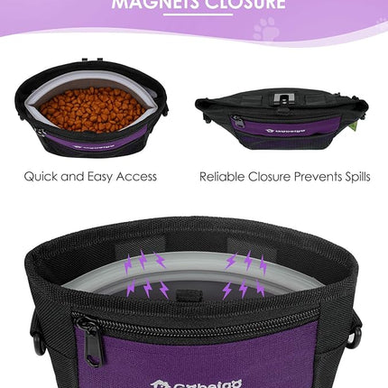 Gobeigo Dog Treat Pouch with Silicone Snack Bag, Front Pocket fits All Phones, 4 Cup Treat Bag with Training Clicker, Upgrade Stronger Magnetic Closure, 3 Ways to Wear Walking Fanny Pack (Purple)