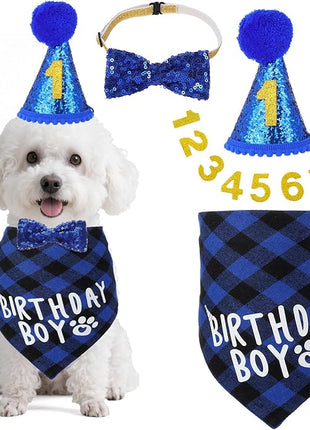 Cat Birthday Party Supplies, Cat Birthday Hat with Number, Bandana, Bow Tie, Cats Apparel Outfits for Birthdays Decorations （Blue）