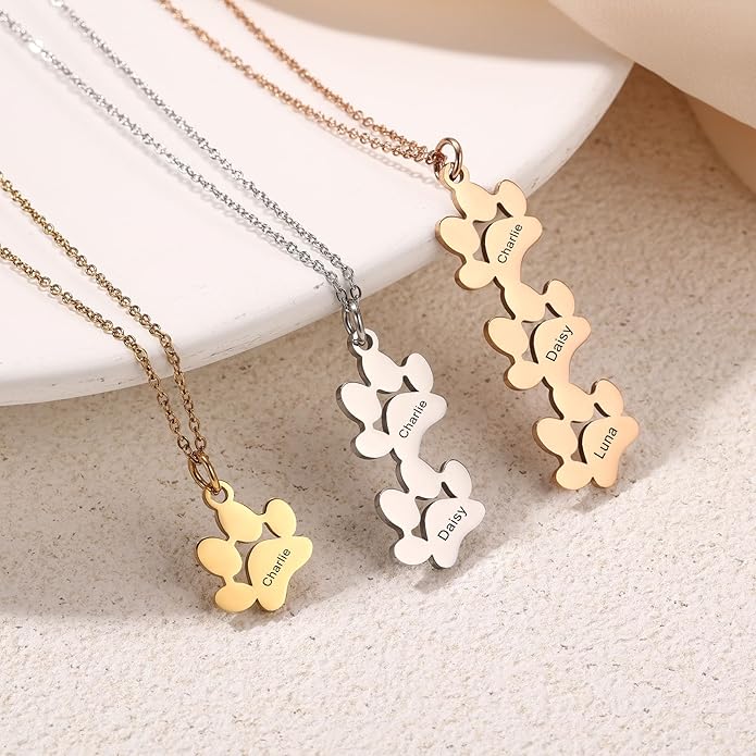 MeMeDIY Personalized Paw Print Necklace for Women Engraved Name Dog Paw Necklace Stainless Steel/925 Sterling Silver Paw Necklace Pet Memorial Necklace 1-4 Cat Paw Print Necklace