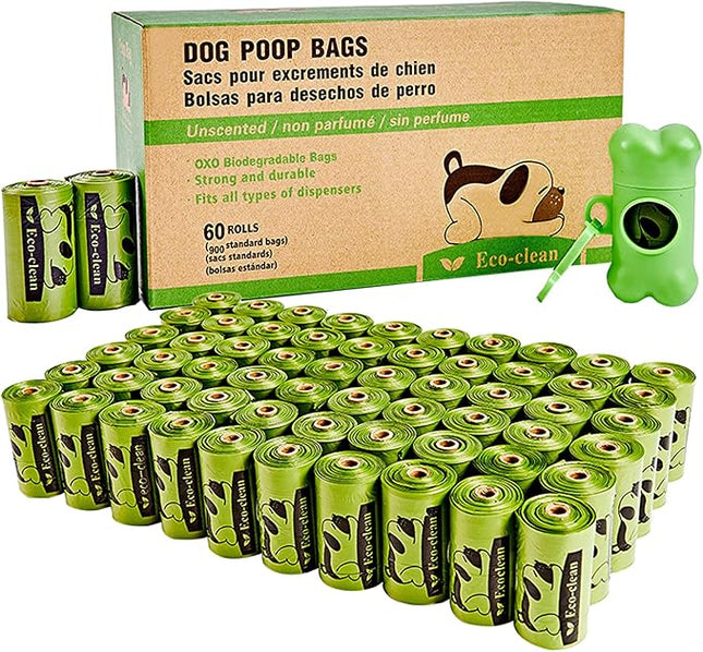 ECO-CLEAN Dog Poop Bags, 60 Rolls / 900 Count Dog Waste Bags with Dispenser and Leash Clip, Unscented, Extra Thick and Strong Poop Bags for Dogs