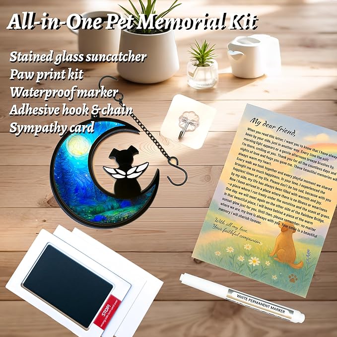 Dog Memorial Gift for Loss of Dog – DIY Angel Memorial Suncatcher & Paw Print Kit for Dogs with Sympathy Card | Pet Memorial Keepsake(Moonlit Forest)