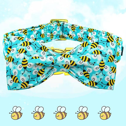 Elegant Little Tail Blue Bees Print Dog Collar with Bow Tie for Small to Large Dogs