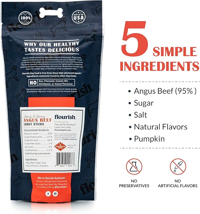 Flourish Pets Angus Beef Jerky Sticks, Dog Treats, Healthy Training Chews (8 Ounces)