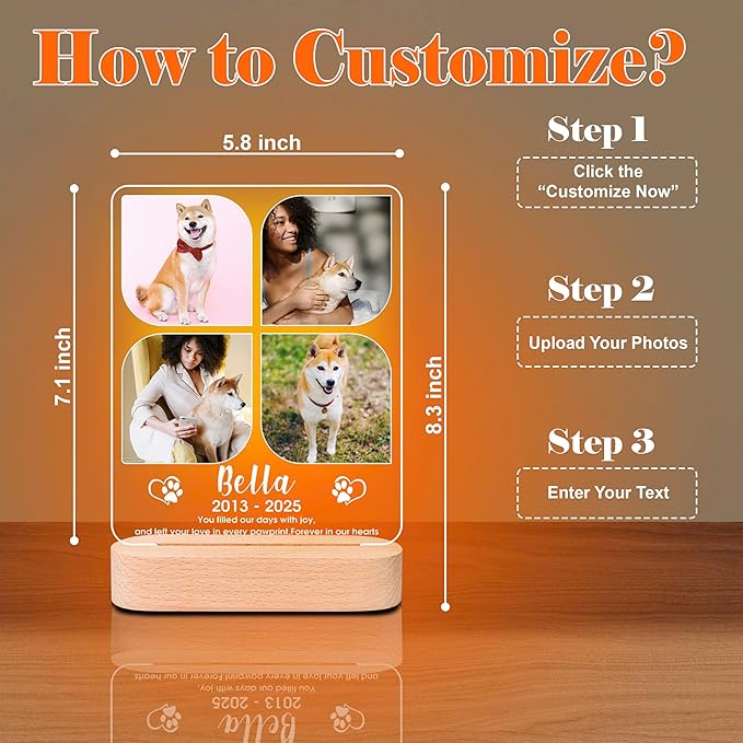 Personalized Pet Memorial Gifts, Dog Memorial Gifts for Loss of Dog, Pet Loss Gifts in Memory of Dog Night Lights, Custom Dog Memorial Plaque, Cat Memorial Photo Frame, Pet Sympathy Gifts