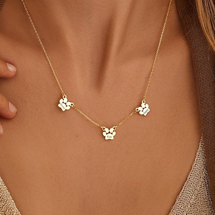 Customized Paw Print Necklace Personalized Pet Name Necklace Custom Engraved Dog Cat Paw Pendant Necklace Pet Memorial Gift for Pet Lovers