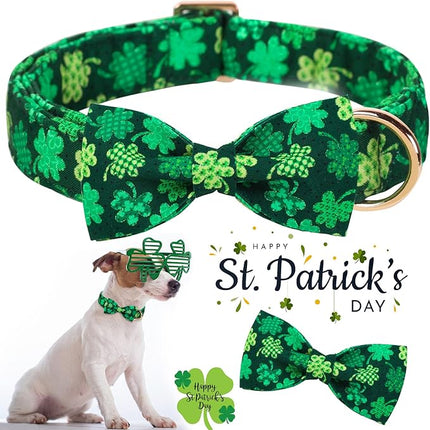 ARING PET St. Patrick's Day Dog Collar with Bow, Cute Adjustable Plaid Clovers Bowtie Pet Collars with Metal Buckle for Puppy Small Medium Large Boy Girl Dogs-XL
