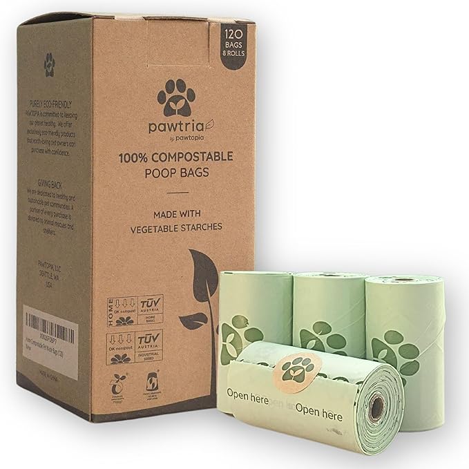 Pawtria Certified Home Compostable Dog Poop Bags (120), Poop Bags for Dogs, Cat Litter, Vegetable Starches, Dog Waste Bags, Leakproof, Easy to Open, Give Back