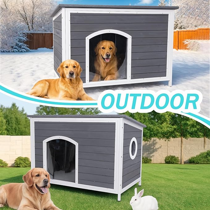 Geguri Large Outdoor Wooden Dog House for Medium to Large Dogs | Weatherproof Asphalt Roof, Chew-Resistant Frame,Indoor/Outdoor Use (Grey, 43.3" L × 26.4" W × 29.5" H)